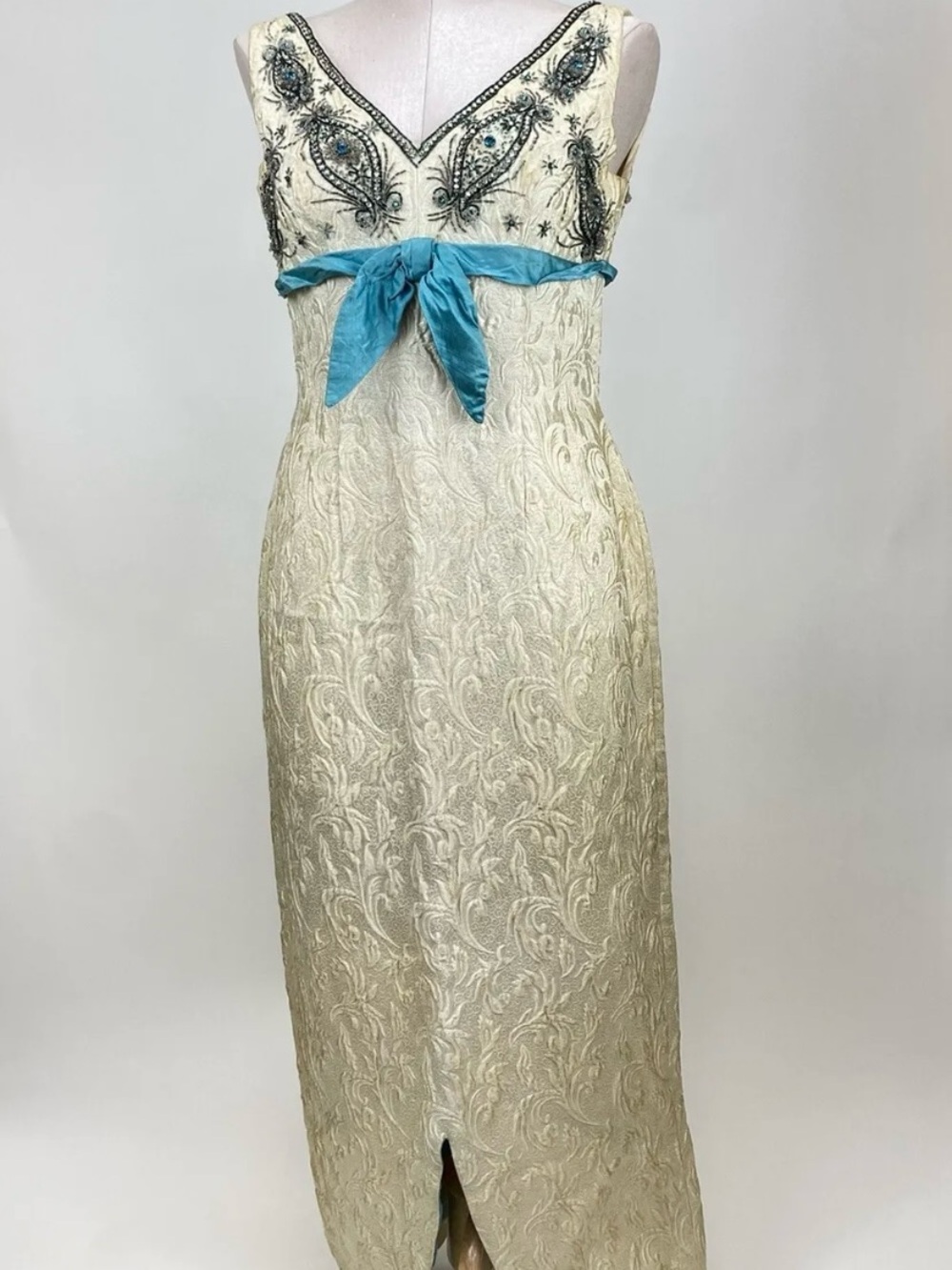 Vintage 60’s Ivory Embroidered Evening Gown with Teal Accents